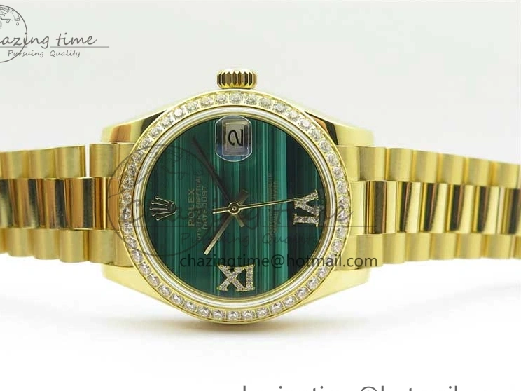 MiroTime 0305 Versatile Daydate 278288 31mm YG EWF Best Edition Green Malachite Dial Crystal Markers on YG President Bracelet ETA 2606